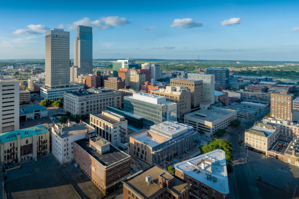 Aerial view of Omaha, Nebraska downtown.